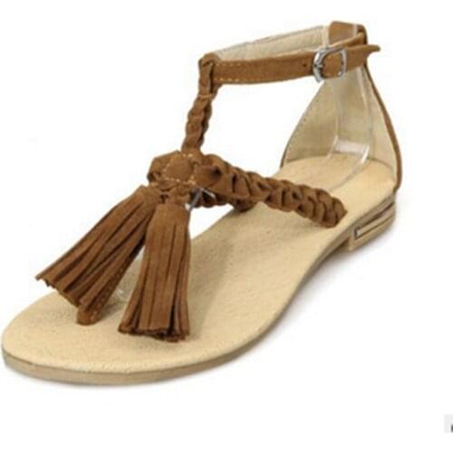 Lady Cover Glitter Heels Tassel Buckle Strap Plus Size (4-12) Flock Sandalias Flip Flops Flats Zoris Women Summer Dress Shoes