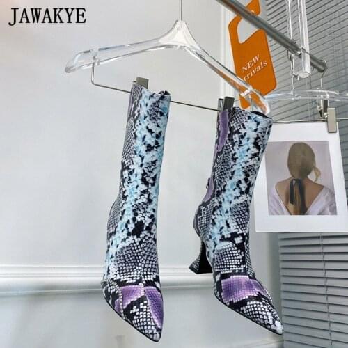 Snakeskin Strange Heel Women Short Boots Pointy Toe Real Leather Runway Ankle Boots Crystal Studded Leisure Dress Ankle Booties