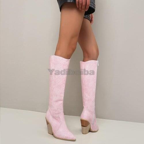 Womens Boots Long Cowboy Western Boots Animal Print Chunky Heel Pointed Toe Knee High Boots Vintage Punk Gothic Women Shoes