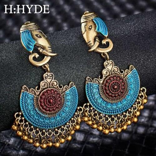 H:HYDE Bohemia Hollow-out Gypsy Tribal Indian Elephant Drop Earrings for Women Aladdin princess Earrings Jhumka Oorbellen