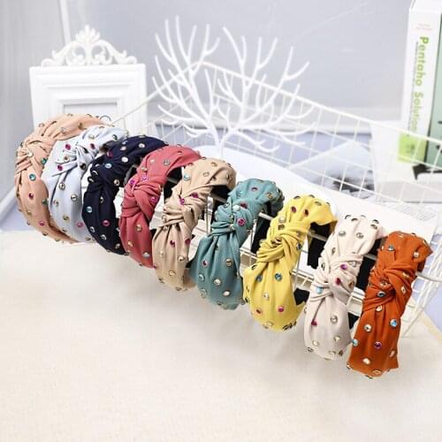 Vintage Women Knotted Crystal Hairbands Rhinestone Headbands Fabric Solid Color Hair Accessories for Girls