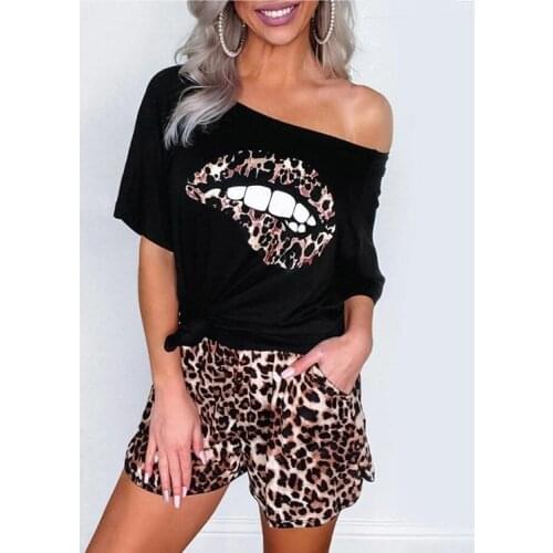 Women Two Piece Set Summer Leopard Lip Mouth Print Short Sleeve Top+High Waist Shorts Fashion Suits 2020 Sportwear Clothes Set