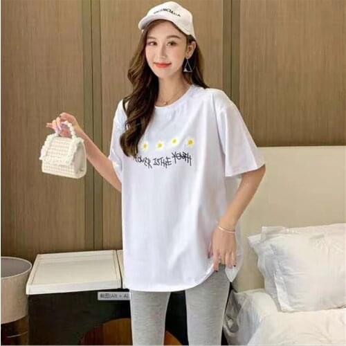 5 Colors 100% Cotton Casual Embroidery Daisy Woman Tshirts Tops Summer Loose Harajuku Ropa Mujer Korean Clothes Basic Tee Shirt