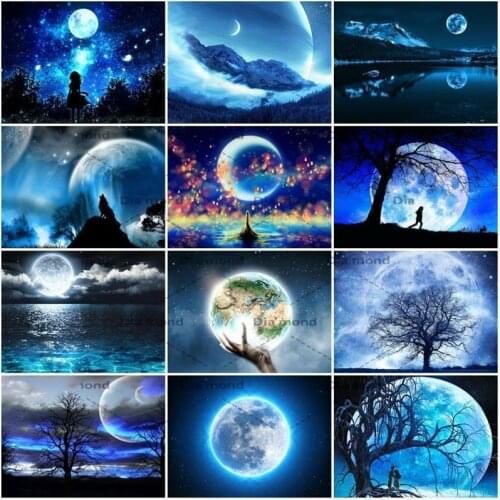 Full Drill Diamond Painting Moon Night Rhinestones Pictures Diamond Embroidery Scenery Cross Stitch Handmade Home Decor