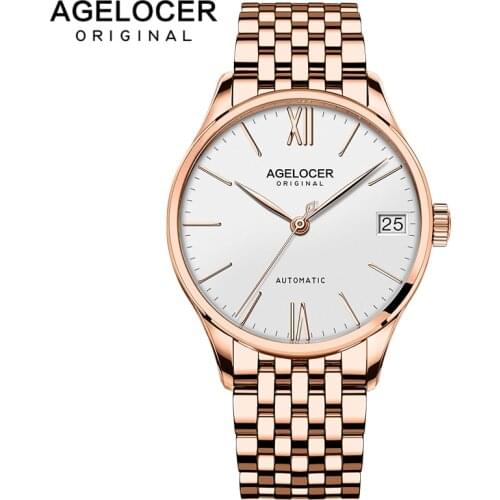 Agelocer Luxury Dress Watch White Dial Mechanical Automatic Brands Gold Rose Power Reserve Waterproof Wrist Watch 7071D9