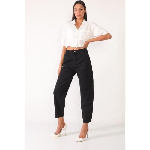 Black High Waist Carrot Jeans Pant for Women Streetwear Loose Female Non-Denim Jeans Buttons Zipper Ladies Jeans 100 Cotton