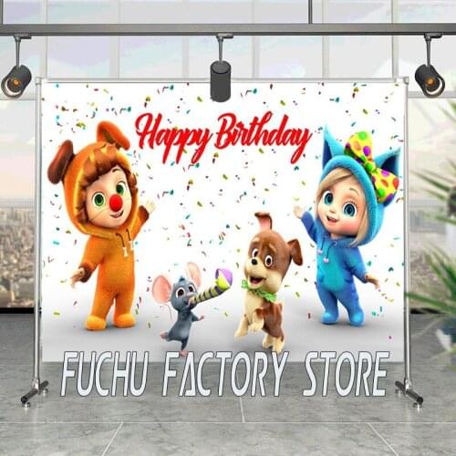 Children And Animals Play With Colorful Cartoon Background Girl Birthday Party Decorate Photography Studio 3d Digital Backdrop