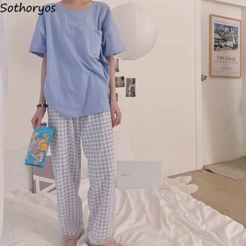 Pajama Sets Women Sweet Plaid Printed Elastic Waist Home Wear Long Trousers Round Neck Loose Cozy Casual Females Tops Chic Ins