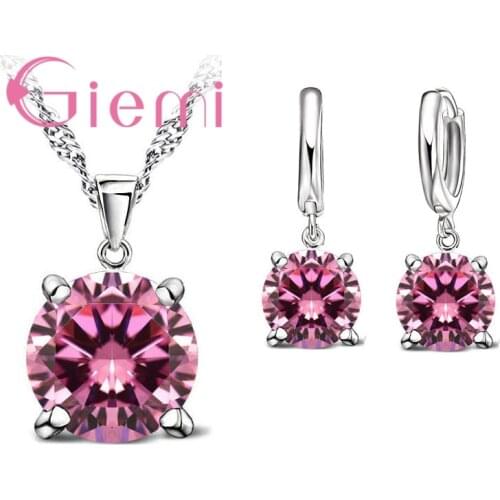 Elegant 925 Sterling Silver Jewelry Sets 4 Claws Zircon CZ Pendant Necklace Earring Fashion Women Jewelry Set