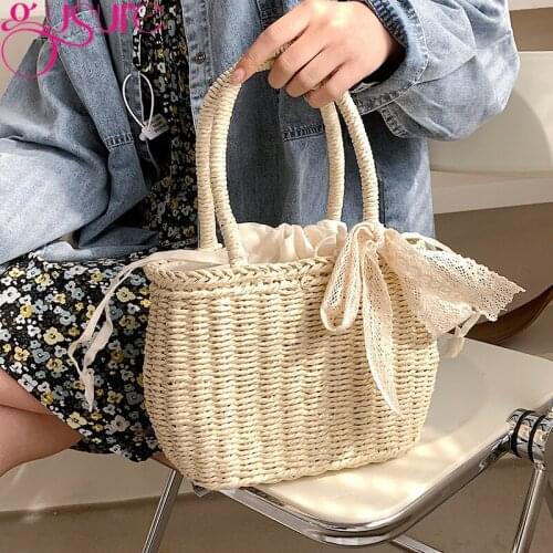 Gusure Lady Casual Straw Natural Handbag Handmade Wicker Tote Bags Women Braided Basket Bags Mini Bohemia Beach Woven Rattan Bag
