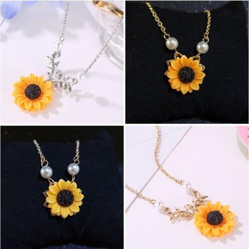 Hfarich Fashion Pearl Sunflower Pendant Necklace Chain Gold Jewelry Choker Necklace colier femme