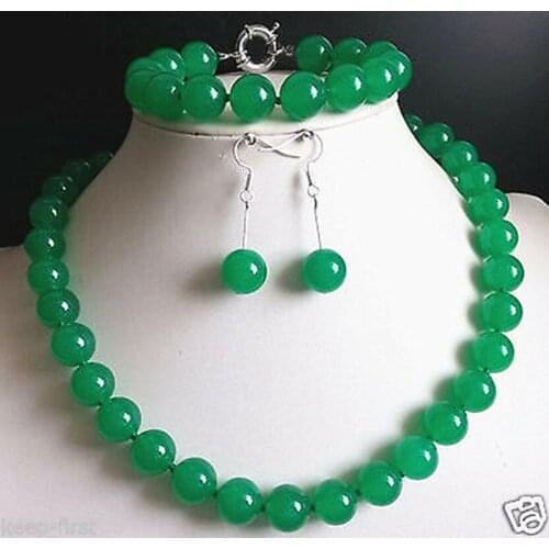 Fashion 10mm Natural Green Jade Round Gemstone Necklace Bracelet Earrings Set