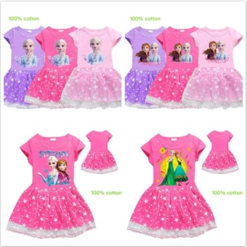 Summer Girl Dresses Cartoon Frozen Anna Elsa Print Cotton Fashion Star Moon Baby Girl Clothes Teenage Princess Christmas Costume