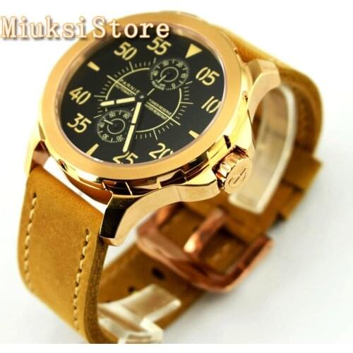 Parnis 44mm Gold Case Sapphire Glass Luminous Leather Strap Sea gull 2542 Power Reserve Automatic Mens Watch Luxury Gift