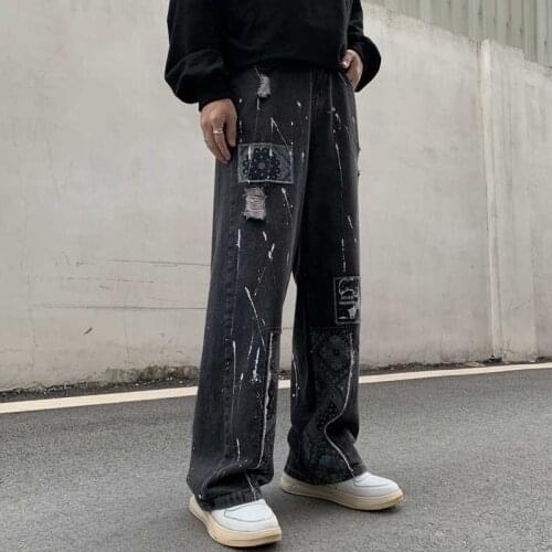 2021 New Womens Retro Washed Jeans Trendy Streetwear Applique Embroidery Printed Hole Straight Pants Mens Trousers