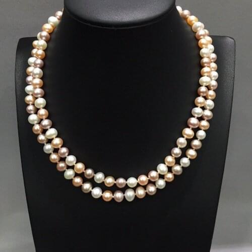 7-8MM natural fresh water pearl necklace fine jewelry multicolor nearround flawless double layers choker necklace free shipping