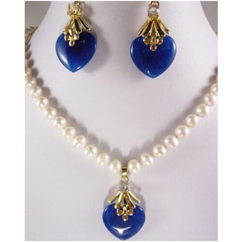 Charm 7-8mm white pearl necklace 17"& blue jade heart jades earring pendant