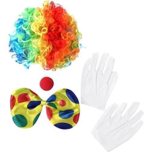 Rainbow Clown Costume Multi Clown Dress Up Props Wigs Red Sponge Nose Dots Bow Tie White Glove Clown Set for Halloween Christmas