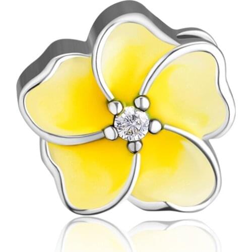CKK 925 Sterling Silver Yellow Enamel Flower Charms Beads for Jewelry Making Fits DIY Bracelet Women Accessories Bijoux Femme