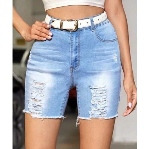Light Blue Women Casual Denim Shorts Cotton High Waist Straight Hole Streetwear 2021 Summer Solid Color Lady Jeans Shorts Female