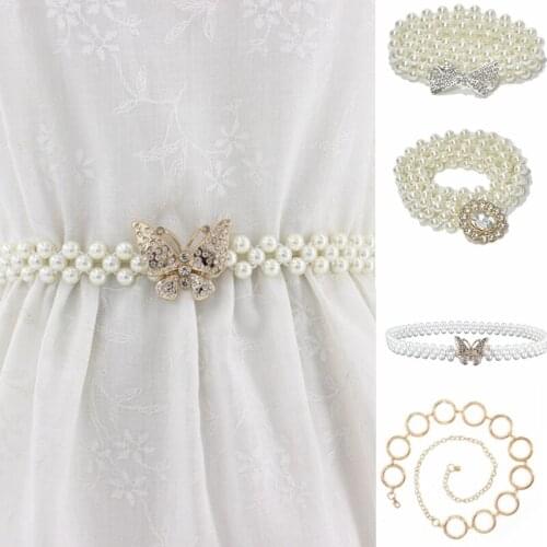 Elegant Women Pearl Belt Waist Belt Elastic Buckle Pearl Chain Belt Female Girls Dress Crystal Strap