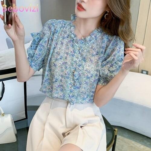 S-XXL 2021 Blue Floral Loose Fashion New Summer Casual Short Sleeve Blouse Shirt Tops for Women Office Lady Work Clothes