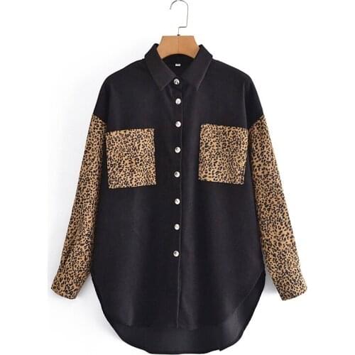ZXQJ Women 2021 Fashion Patchwork Leopard Print Loose Blouses Vintage Long Sleeve Pockets Female Shirts Blusas Chic Tops