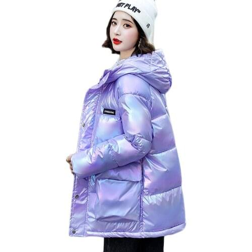 2021 New Winter Colorful Bright Face Down Cotton Jacket Women Thickened Warm Parka Overcoat Casual Hooded Cold-proof Outerwear