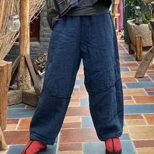 Johnature Women Vintage Linen Thick Harem Pants Elastic Waist Trouser 2021 Spring New Pockets Women Warm Ankle-Length Pants