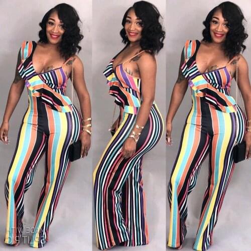Summer Sexy Womens Sleeveless V-neck Open Back Ruffle Stripe Stitching Fashion Slim Lady Long Jumpsuit