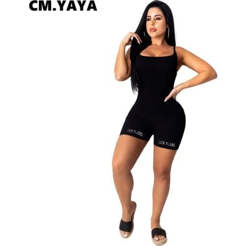 CM.YAYA Lucky Label Embroidery Sleeveless Playsuit Women Strechy Strap Romper Active Bodycon One Piece Overalls Outfits Summer