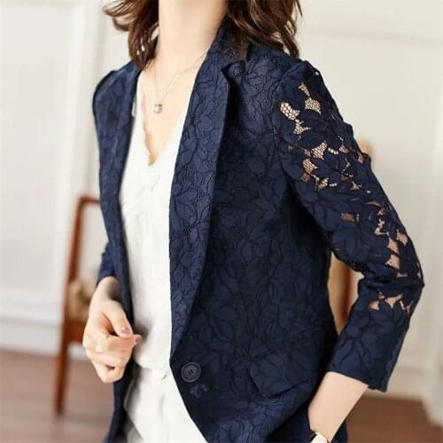 Plus Size 6XL Lace Suit Jacket Female 2021 Autumn And Summer Temperament Sunscreen Hollow Blue Ladies Blazer Women Tops Elegant