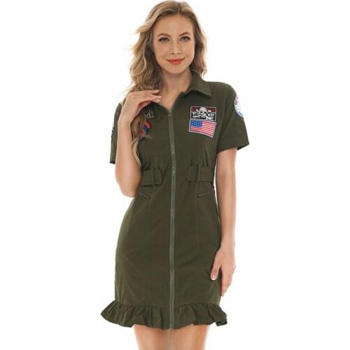 Women Sexy Army Green Military Pilot Cosplay American Airforce Uniform Top Gun Maverick Flight Dress Halloween Costume
