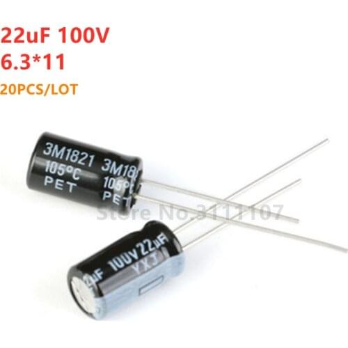 20PCS/LOT 22uF 100V Aluminum Electrolytic Capacitor 6.3*11 Electrolytic Capacitor 100v 22uf 6.3x11