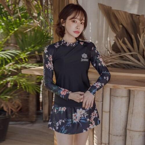 2020 Floral Print Three Piece Set Skirt Swimsuit Women Sexy Tight Long Sleeve Bathing Suit Quick Dry Surfing Diving Rushguard