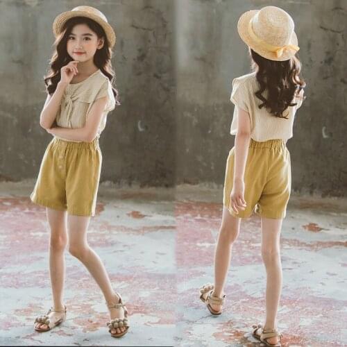 2021 Summer Girls Suit Boutique Kids Clothing Set Striped Tops Tees+ Shorts 2 Pcs Sets Childrens Clothing 8 10 12 14 16 Yrs