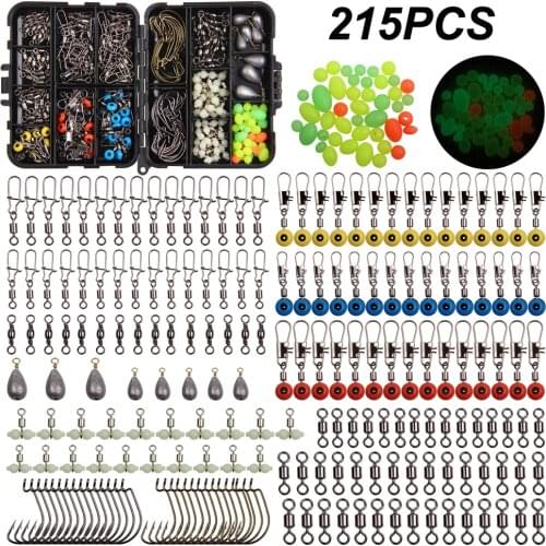 215Pcs/Box Fishing Tackle Accessories Kit With Fishing Swivels Snaps Hooks Sinkers Beads For Freshwater Fishing