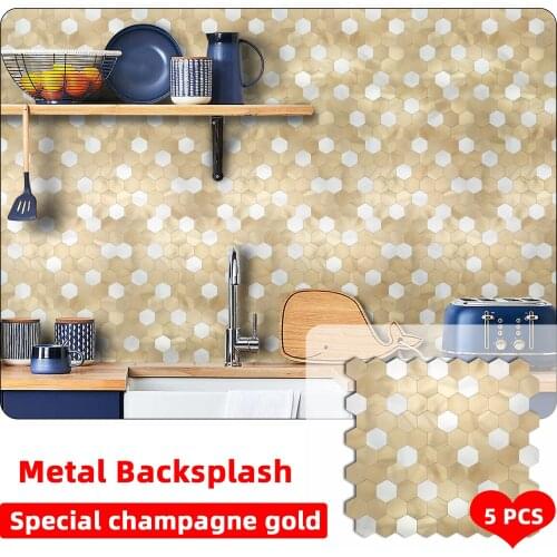 5pcs Champagne Gold Hexagonal Wall Sticker DIY Metal Backsplash Self adhesive Peel and Stick Tile For Kitchen TV Background