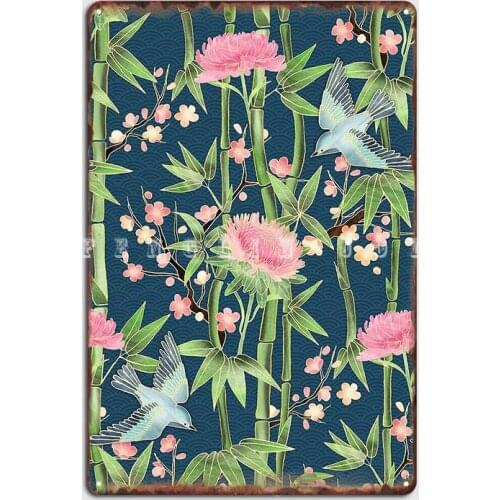 Bamboo Birds And Blossom Dark Teal Metal Plaque Poster Vintage Plates Club Bar Pub Tin Sign Posters