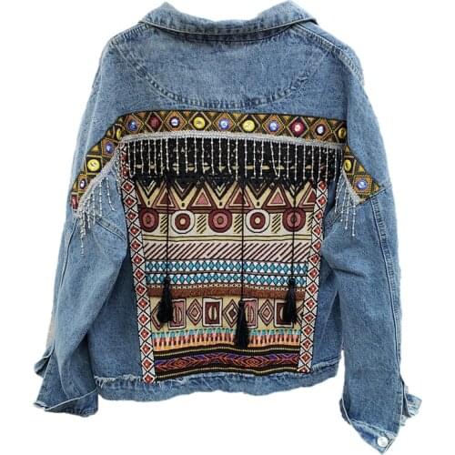 Boho Heavy industry Embroidery Tassels Denim Jacket Women Frayed Burrs Casual Spring Jeans Jacket Loose Long sleeve Female Coat