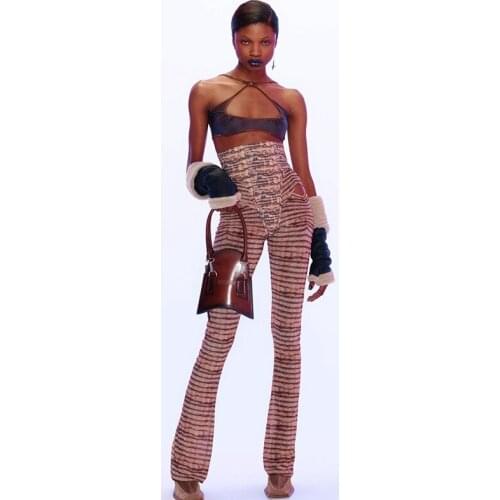 TNNAOFF New Popular Aesthetic Striped Bodycon Straight-leg Pants for Women Fall Sexy Elastic High Waist Hollow Casual Trousers