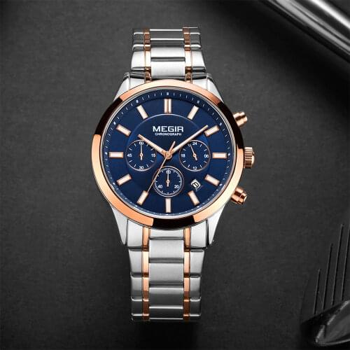 MEGIR Waterproof Wrist Watch for Man Luminous Chronograph Business Quartz Mens Watches Clock Male with Stainless Steel Band