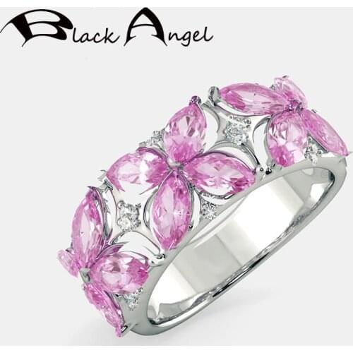 BLACK ANGEL New 925 Sterling Silver Romantic Luxury Pink Zircon CZ Jasmine Flower Resizable Ring For Women Wedding Jewelry Gift