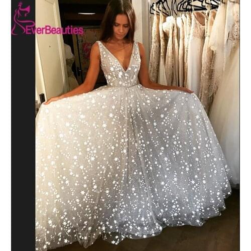 Вечернее платье Prom Dresses Long 2020 Tulle V-Neck Glittery Stars Evening Formal Gowns Robe De Soiree