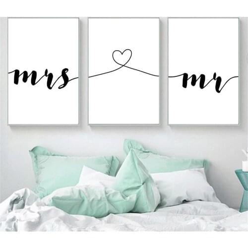 Mr Mrs Love Quote Wall Art Canvas Painting Minimalist Heart Line Drawing Print Couple Love Word Modern Picture Living Room Decor