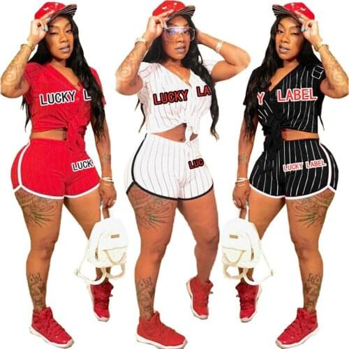 Two Piece Set Women Letter print striped baseball jersey shorts and shirt sets Fitness Club Outfit Streetwear Wholesale Items