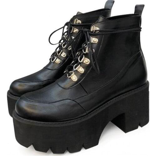 Korean Street Fashion Cool Punk Short Boots Lace-up Platform Ladies Shoes Bottom Thick High-heel Motorcycle Rider Womens Boots
