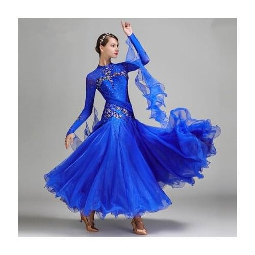 Red blue ballroom dance competition dresses waltz dance dress fringe luminous costumes standard ballroom dress foxtrot 9 color