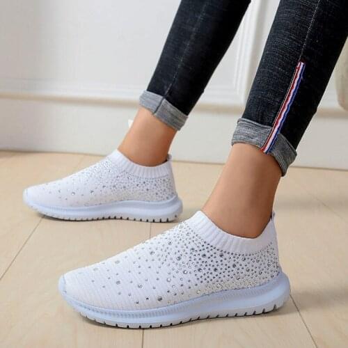 Women Flats Sneakers Crystal Fashion Bling Sneakers Casual Slip On Sock Trainers Summer Women Vulcanize Shoe Mujer