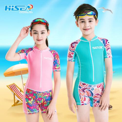 Hisea Short Sleeve Kids One-Piece Wetsuits Print Boys Girls Swimwear Anti-UV Surfing Swimming Diving Suit Scuba Diving Swimsuit